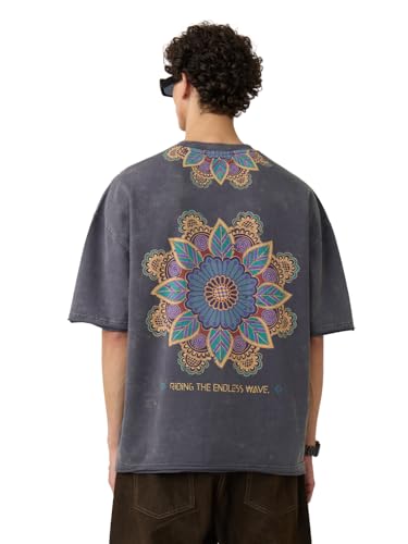Image of The Souled Store Samsara Men and Boys Short Sleeves Round Neck Grey Graphic Printed Cotton Super Oversized T-Shirts