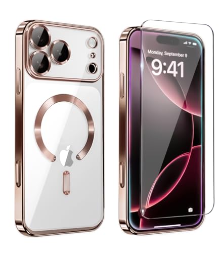 Image of Magnetic Glossy Case for iPhone 17 Pro,iPhone 17Pro Phone Case Slim Clear Luxury with Screen Protector & Camera Protector [Compatible with MagSafe], Shockproof Cover for iPhone Pro 17-Rose Gold