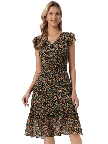 Image of Allegra K Women's Floral Dress Spring Summer V Neck Flutter Sleeve Ruffle Casual Smocked Knee Length Dresses