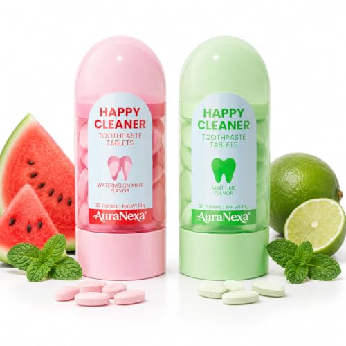 Auranexa Whitening Toothpaste Tablets Remineralizing Nano Hydroxyapatite Chewable Toothpaste with Xylitol & Probiotics Lime Mint + Watermelon Mint Fluoride-Free 2 Bottles (60 Tablets)