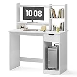 Mondeer Bureau Ordinateur avec Rangement, Bureau Blanc avec Tiroir et Support Écran, Table Informatique avec Réglable Étagères, pour Travail Étude Chambre Studio, 105 x 47 x 125 cm