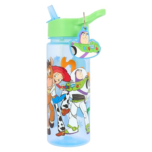Disney Toy Story Bouteille d'eau avec paille, 500 ml, polypropylène, bleu, breloque porte-clés Buzz l'Éclair, avec les personnages Woody, Rex, Jessie, Bullseye