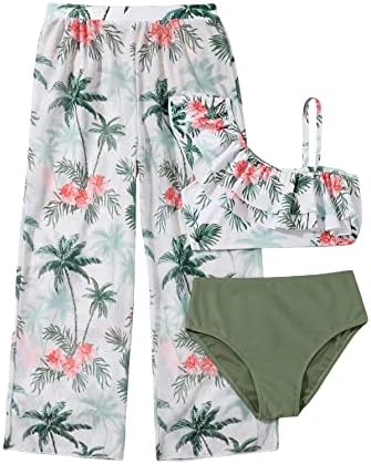 WDIRARA Girl's 3 Piece Tropical Print Ruffle Trim Asymmetrical Bikini Swimsuit with Coverup Pants Multicolor 11-12Y
