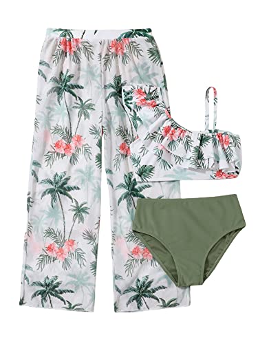 Wdirara Girl's 3 Piece Tropical Print Ruffle Trim Asymmetrical Bikini Swimsuit With Coverup Pants Multicolor 11-12Y #TOP2