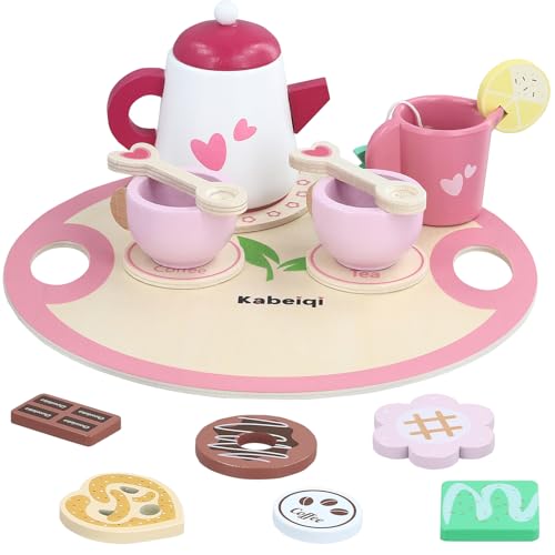 Wooden Tea Set for Toddler, 19Pcs Kids Tea Sets, Tea Party Set for Children, Pretend Role Play Kitchen Accessories Toys Food Dessert Tray for 3-5 Years Old Girls Boys