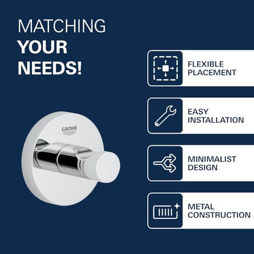 Image of GROHE Essentials Multi-Purpose Robe Hook | Wall Mounted | Robe Hanger /Bathroom Cloth LongLife Finish | Bathroom Accessories | Metal Construction | 2 Year Warranty | Chrome Finish | 40364001