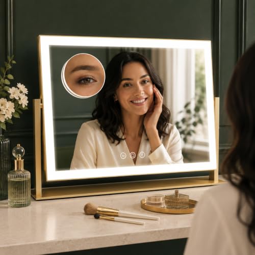 Image of FENNIO Vanity Mirror with Lights 13'' x 17'' Makeup Mirror with Lights,Vanity Mirror Touch Screen with 3-Color Lighting,Dimmable,for Vanity Desk Bedroom Gold