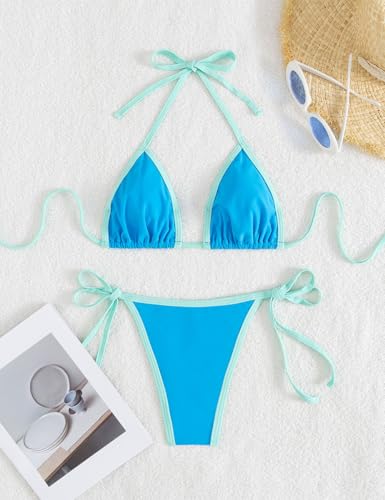 Image of Tainehs Women's Sexy Halter Thong Bikini Tie Two Sides Bottom Triangle Bikini Swimsuits