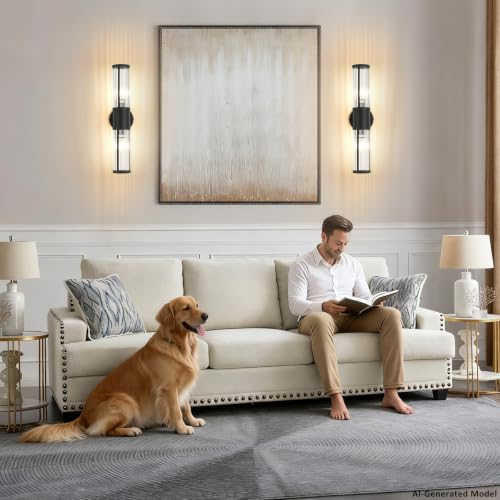 Image of Wall Sconces Set of 2, Farmhouse Vanity Lights Fixtures for Bathroom, 2-Light Modern Bath Wall Mount Lamp with Glass Rods Shade for Hallway, Living Room, Mirror, Kitchen