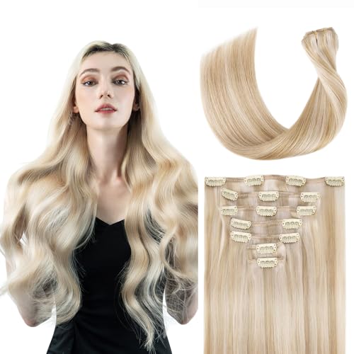 Image of SOBEAUTY Clip in Hair Extensions, 100% Human Hair Clip in Extensions Remy 120G 7Pcs Double Weft for Volume and Length, P18A/613A Dark Blonde Highlighted Bleach Blonde 18 Inch