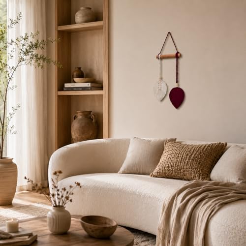 Image of AdFashionble Boho Macrame Wall Hanging Leaf Decor for Home, Living Room & Bedroom | Cotton Thread Art with Wooden Rod | Minimalist Handmade Wall Decoration | Aesthetic Nordic Wall Art for Home, Office & Gift Purpose Lenght- 58 cm Width- 15 cm (MAROON & OFFWHITE)