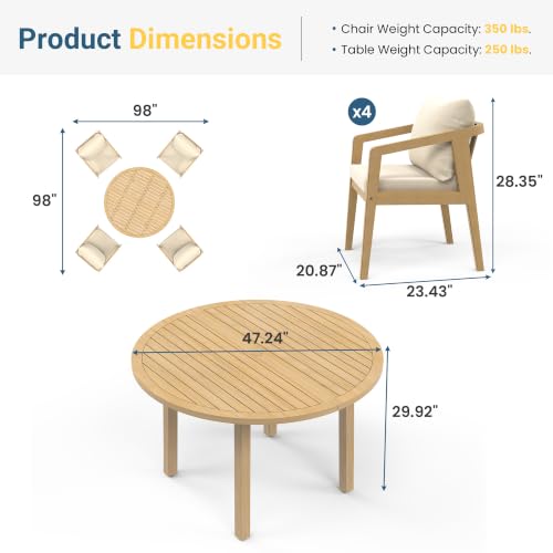 Wisteria Lane 5-Pieces Acacia Patio Table and Chairs Set for 4, Outdoor Dining Set with Round Table, Modern Patio Table Set with Cushion, Patio Furniture Set for Backyard Deck Garden Porch by Wisteria Lane - Image 2