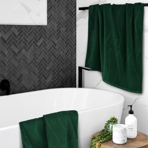 Juego de 2 toallas de baño de algodón verde oscuro con relieve de rayas onduladas 7