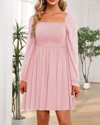Image of Holipick Women's Casual Square Neck Smocked Dress Shirred Ruffle Puff Sleeve High Waist Cute Flowy A-Line Short Dress