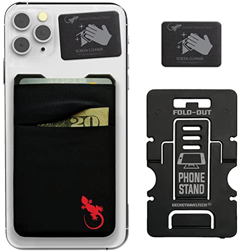 Image of Gecko Travel Tech Double Pocket - Adhesive Card Holder - Cell Phone Pouch - Stick on Spandex Pocket - Carry Credit Cards and Cash, LOGO - RED, Strechy Spandex Pocket - Secure Inner Strap