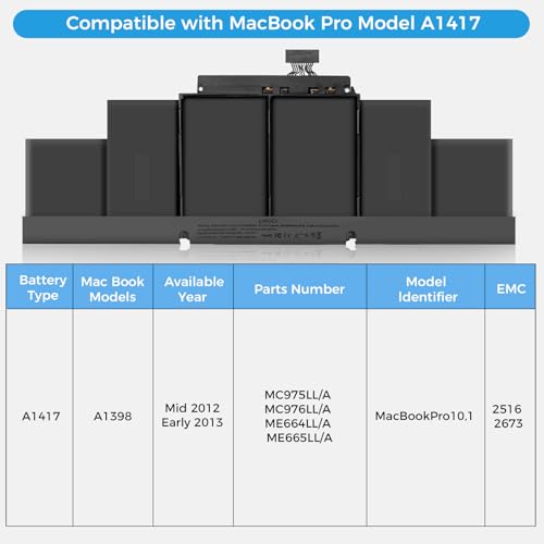 Image of A1398 Battery,A1417 Replacement Battery for MacBook Pro 15 inch Retina Model A1398(Mid 2012 Early 2013 Only) (Upgraded High Performance 10.95V 95Wh 8460mAh)