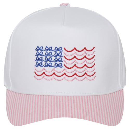 MIRMARU Patriotic America USA Embroidered 5 Panel Cotton Two Tone Trucker Hat for Men and Women. (US Alpha One Size Stripe Brim-America Bow Flag Pink)