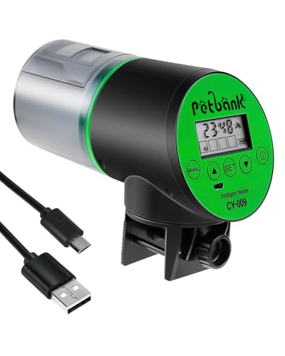 Petbank USB Charger Alimentador Automático Acuarios con Temporizador Recargable, Dispensador Comedero Acuario con Pantalla LCD, Dispensador Comida Peces Automatico, Verde