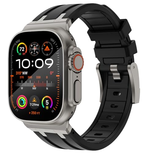 KADES 49mm 46mm 45mm 44mm 42mm(series 3) Compatible with Apple Watch Strap,Men Luxury Liquid Silicone Rubber Band for iWatch Ultra 2/Ultra/SE/Series 10 9 8 7 6 5 4 3 2 1,Titanium/Black