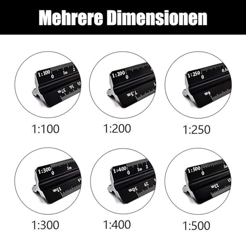 Maßstab Lineal Dreikantmaßstab Maßstab für Architekten,Matrix 30 cm solides Aluminium Lineal: 1:100, 1:200, 1:250, 1:300, 1:400, 1:500 (schwarz, 1 stück)