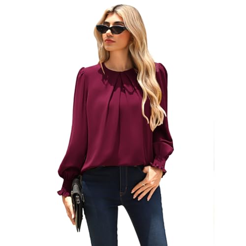 Kate Kasin Bluse Damen Elegant Langarm Rundhals Plissee Tops Chiffon Laternenärmel Festliche Blusen Shirt Hemden Wein M