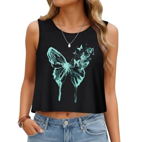 Womens Crop Tops Summer Casual Sleeveless Tank Loose Fit Basic Shirts 2026 Large Black Green Butterfly