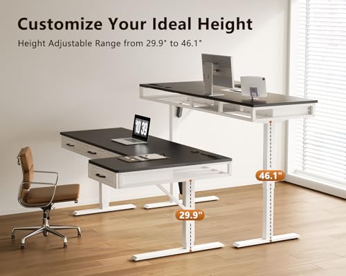 Image of OffiGo 63 Inch L Shaped Standing Desk with 4 Wooden Drawers, White+Black