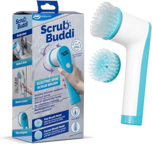 JML Electric Cleaning Brush - Cordless Power Scrubber with 2 Attachments Electric Scrubber Rechargeable 300rpm Scrubbing Brush for Quick and Easy Cleaning of Bathrooms and Surfaces - Scrub Buddi