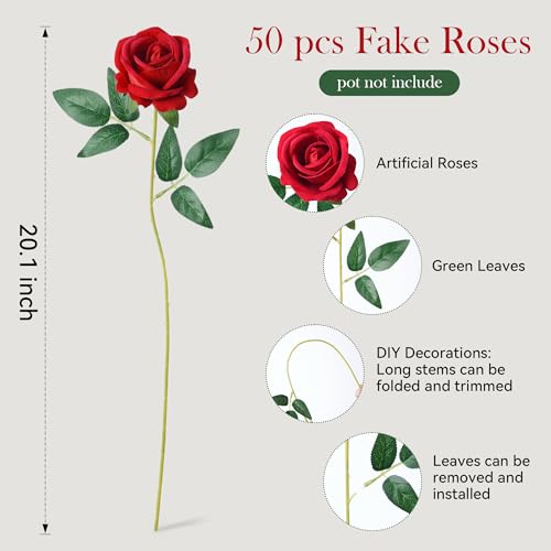 Image of INSPRING 50 PCS Red Roses Artificial Flowers with Long Stems | Real Looking, Fake Roses, Silk Flowers, DIY Bouquet, Wedding Party Celebration Home Bridal Decoration Gift, for Her Wife