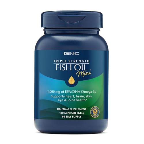 GNC Triple Strength Fish Oil Mini Omega 3 Supplement 1000mg EPA and DHA Supports Heart Brain Skin Eye and Joint Health 120 Mini Softgels