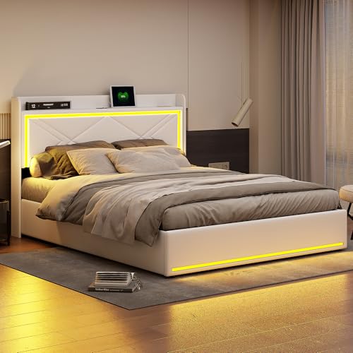 Cama de Matrimonio de 160 x 200 cm, Cama Almacenamiento con LED Ajustable, Cama Acolchada con somier de láminas, Cama hidráulica, Cabecero con Almacenamiento Carga USB, Tela PU, Blanco (B, 160 cm)