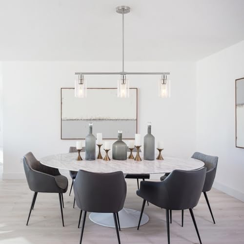 Image of 3-Light Brushed Nickel Kitchen Island Lighting Clear Glass Pendant Light