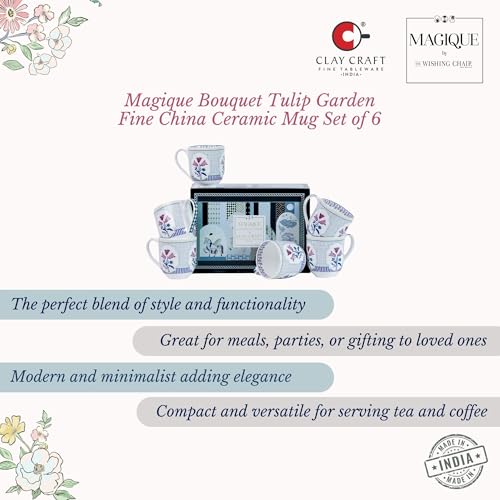 Image of Clay Craft x Magique by The Wishing Chair : Bouquet Tulip Garden Coffee Mugs Set of 6 - 250 ml Fine Ceramic Tea Cups | Lightweight Floral Bone China Mugs | Microwave & Dishwasher Safe | Daily Use