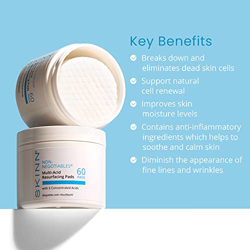 Skinn Multi-Acid Resurfacing Pads, With Glycolic, Lactic & Salicylic Acid, 60 Pads - Witch Hazel Chemical Peel For Face, Neck & Decollete Exfoliates, Brightens & Tones Skin, For Fine Lines & Wrinkles #TOP1