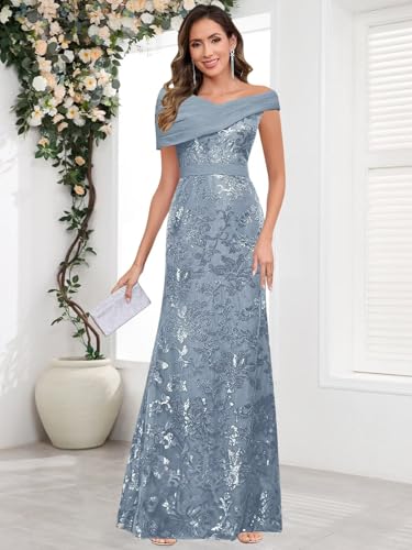 Long Mother of The Bride Dresses Mermaid Off The Shoulder Lace Sequin Evening Formal Dress2