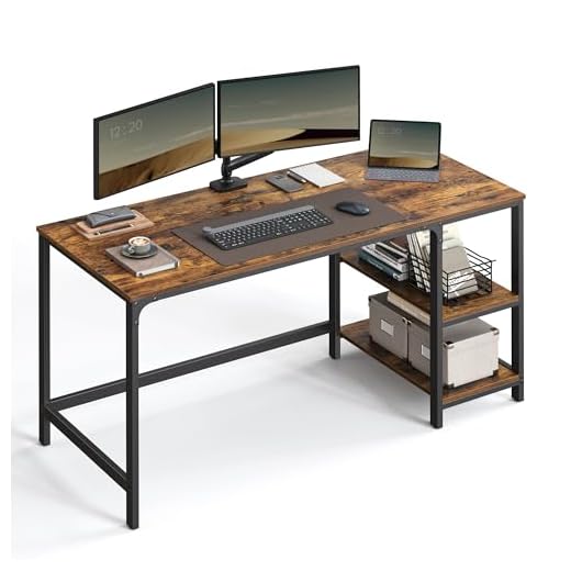 VASAGLE Escritorio para Ordenador, Escritorio con 2 estantes a la Izquierda o Derecha, Mesa de Trabajo para Sala de Oficina, Marco de Acero, Industrial, rústico marrón y Negro LWD55X