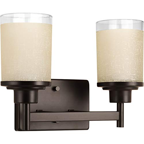Big Sale Alexa Collection 2-Light Etched Umber Linen with Clear Edge Glass Modern Bath Vanity Light Antique Bronze