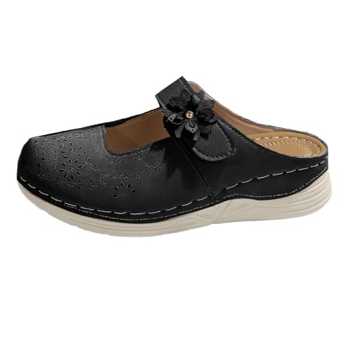 Clogs for Women Leather Comfort Mules Hollow Out Flowers Closed Toe Sandals Summer Casual Arch Support Slip On Slippers Walking Shoes