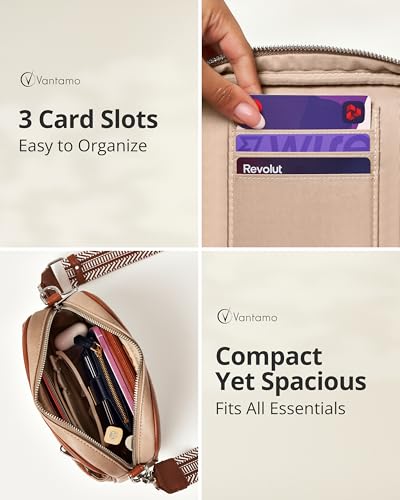 Vantamo Crossbody Bags For Women with 29.5"-55" Jacquard Adjustable Strap, Extra Safe Purses for Women, RFID & Anti-Pickpocket Clip, Smooth PU Leather Shoulder Bag with Gift Box, Stone Brown Purse3