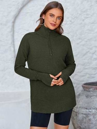 Image of PRETTYGARDEN Womens Long Sleeve Quarter Zip Pullover Sweater | Casual Loose V Neck Sweaters with Thumb Hole, Collared Ribbed Knit Jumper Tops, Oversized Tunic Tops, Fall Outfits 2026