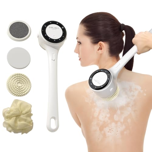 Electric Body Brush Back Scrubber for Shower Waterproof Long Dual Handle Power Body Scrubber with 5 Heads Bath Brush 3 Speeds for Cleansing Exfoliating and Massaging Skin Gift for Birthday Holiday