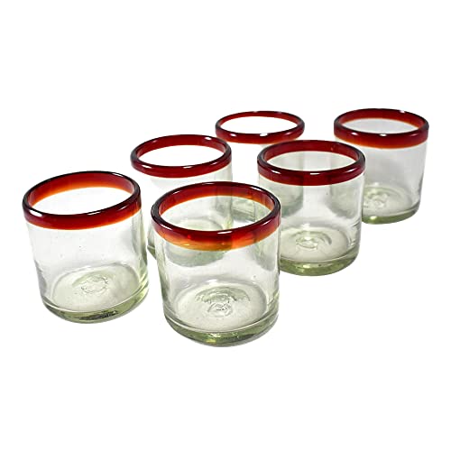 MAREY Handblown Drinking Glasses Artisan Crafted from Mexico Set of 6 pieces (Red Rim, Old Fashioned 10 fl.Oz.)