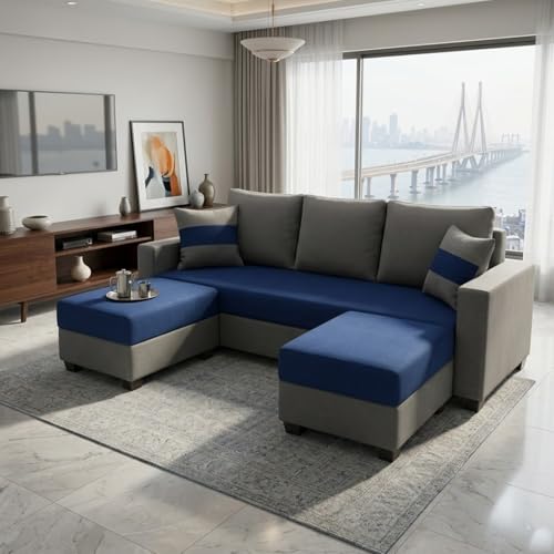 Image of FURNY Aura 5 Seater L Shape Sofa Set with 2 Movable Ottoman | Flexible Left or Right Layout | Plush Velvet Fabric (Dark Blue-Dark Grey) | Perfect for Living Room, Guest Room & Office