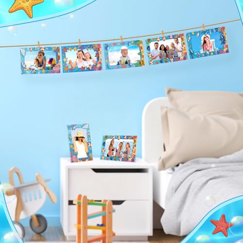 Image of AmazingSpark 50 Pack Ocean Theme Picture Frames 4x6, Under the Sea Paper Photo Frames Bulk, Beach Nautical Frame Decorations for Party, Table Centerpieces, Photo Booth Props & Home Decor