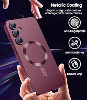 LEKEVO Magnetic for Samsung Galaxy S24 Case [Compatible with MagSafe][Built-in Camera Lens Protector] Slim Soft Silicone Bumper Shockproof Metallic Luster Phone Case (Burgundy)