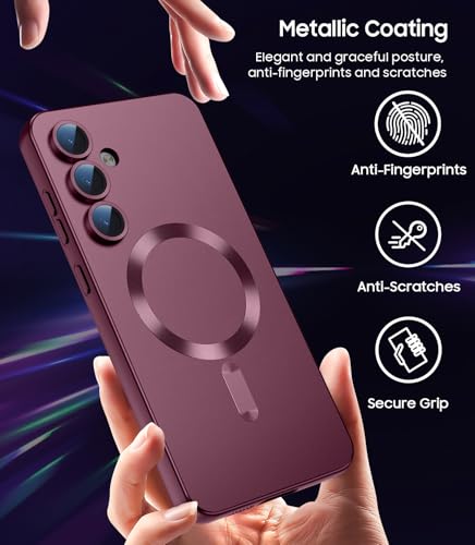 LEKEVO Magnetic for Samsung Galaxy S24 Case [Compatible with MagSafe][Built-in Camera Lens Protector] Slim Soft Silicone Bumper Shockproof Metallic Luster Phone Case (Burgundy)