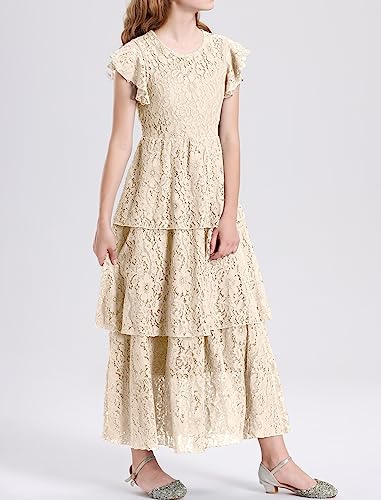 Mebius Girls Lace Maxi Long Dress Ruffle Sleeve Crewneck Tiered A-Line Swing Wedding Party Dresses3