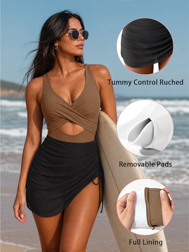 Image of B2prity Women Mesh One Piece Swimdress Swimsuit Tummy Control V Neck Cutout Bathing Suit Wrap Drawstring Sarong Swimwear