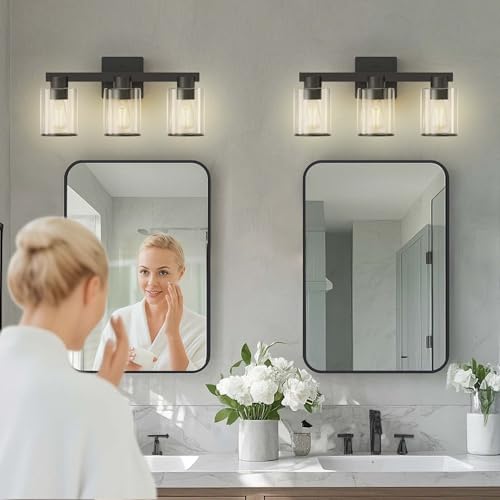 Image of L LOHAS LED Black Bathroom Light Fixtures, 3 Lights Bathroom Vanity Light with Clear Glass Shade, Modern Vanity Lights for Living Room Hallway