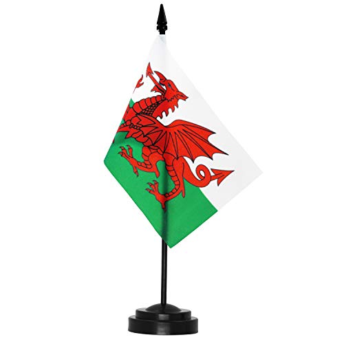 Anley Wales Deluxe Desk Flag Set - 6 x 4 Inch Miniature Welsh Desktop Flag with 12" Solid Pole - Vivid Color and Fade Resistant - Black Base and Spear Top